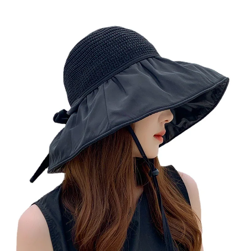 

Summer black rubber bow sunshade female hollow straw hat anti-ultraviolet big eaves face small sun protection sun fisherman hat