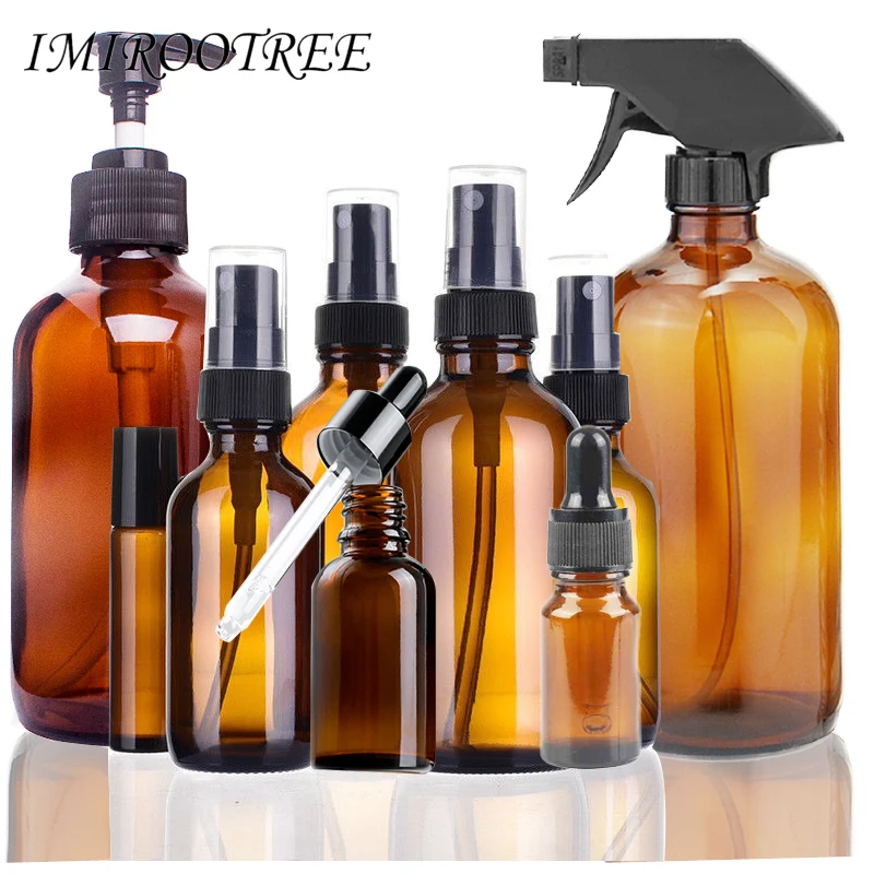 

10/15/20/30/50/100/500ml Amber Glass Spray/Dropper Bottles Sprayer Trigger Aromatherapy Dispenser Roller on for Essential Oil