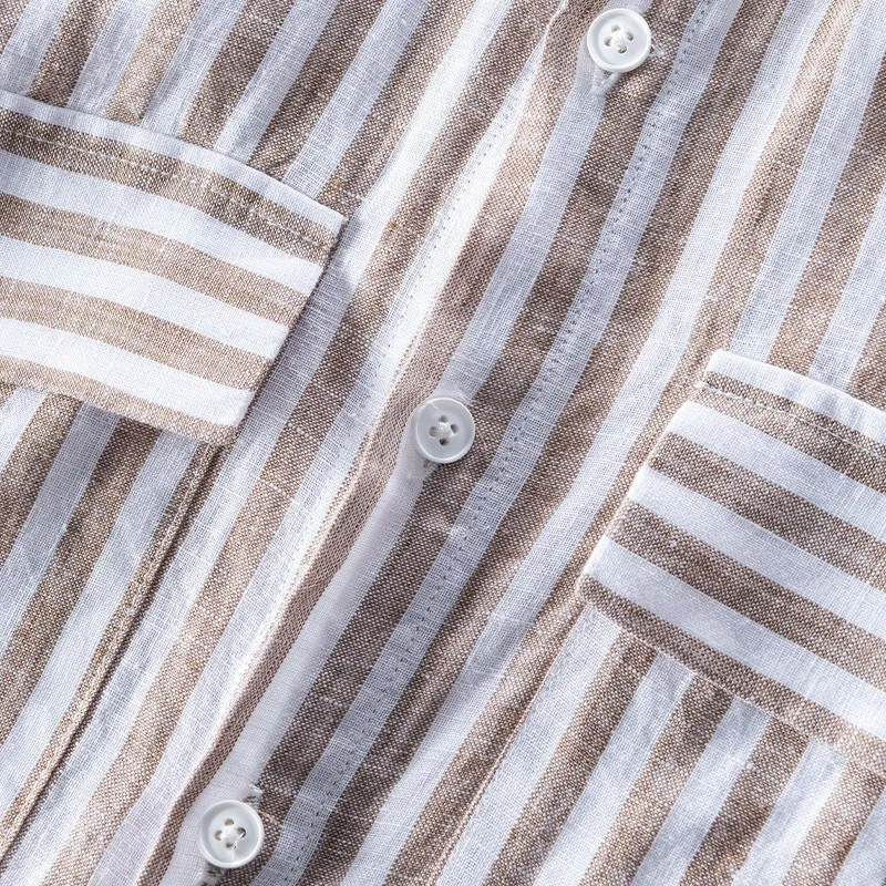 

100% Linen Fresh Color Matching Pocket Shirt Men's Hong Kong Style Casual Long Sleeve Striped Shirt Men's Clothing Shirts L848