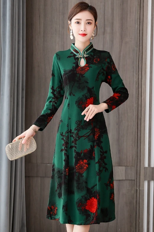 

Chikichi Long Sleeve Chinese Style Dress Autumn 2020 New Retro Improved Cheongsam Waist Closing Atmosphere Cheongsam Dress