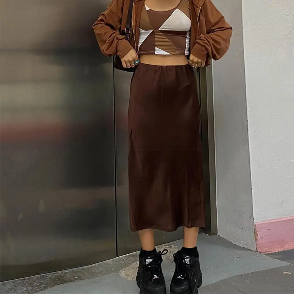 

Long Skirt Women Elegant High Waist Vintage Women's Skirt Slit Hem Solid Color Plus Size Summer 2021 Brown Office Ladies Skirts