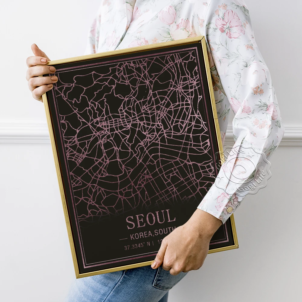Карта туристических достопримечательностей мировых городов World Tourist City Attractions Map Poster Seoul Korea South Creative Art Prints Pink Fluorescent Lines Decorative Painting.