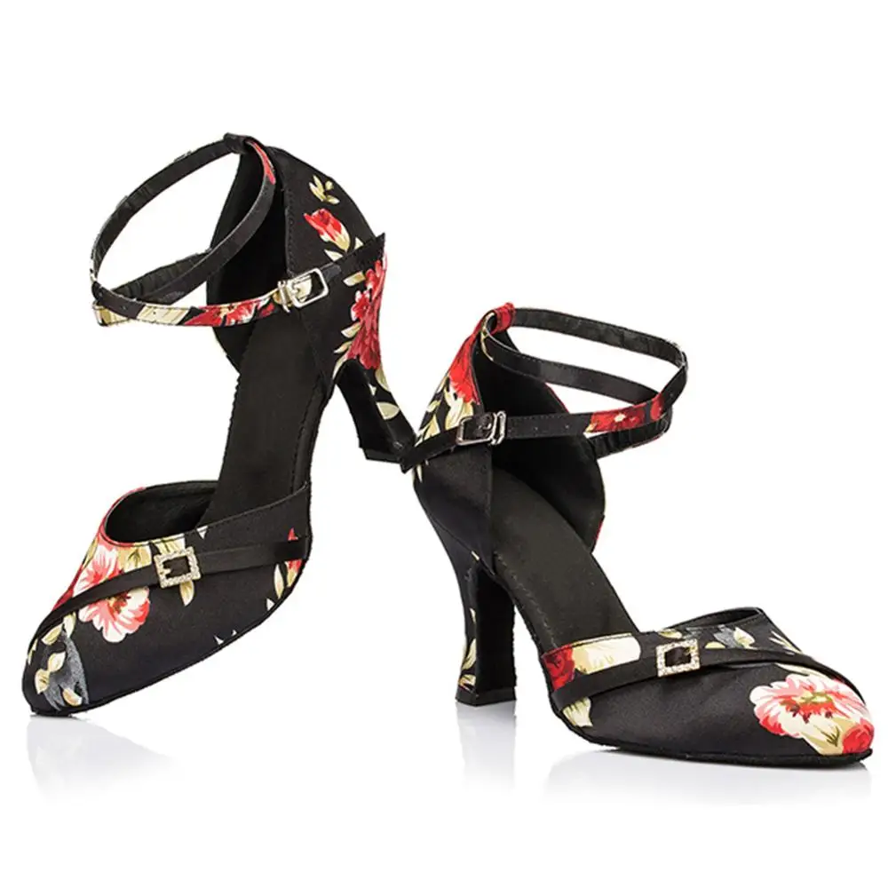 HROYL Women Latin dance shoes For Girls ladies Black Flower Print Ballroom Tango Dancing Shoes 10/8.5/7.5/6/5CM Heels Wholesaler