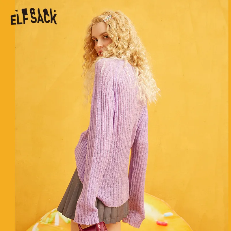 ELFSACK фиолетовый полосатый вязаный свитер для женщин 2019 осень зима серый длинный