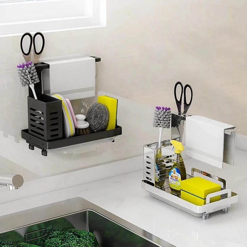

Modern Stainless Steel Kitchen Sink Caddy Organizer Soap Brush Holder + Drain Pan Premium Kitchen Drying Rack Organizer