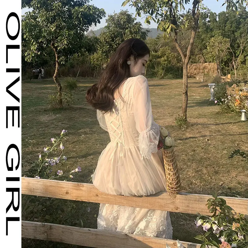 

2021 Lolita Harajuku Cottagecore Robe Summer Women Lace Dresses Casual Fairy Clothes Long Sleeve Strap Maxi Skater Dress