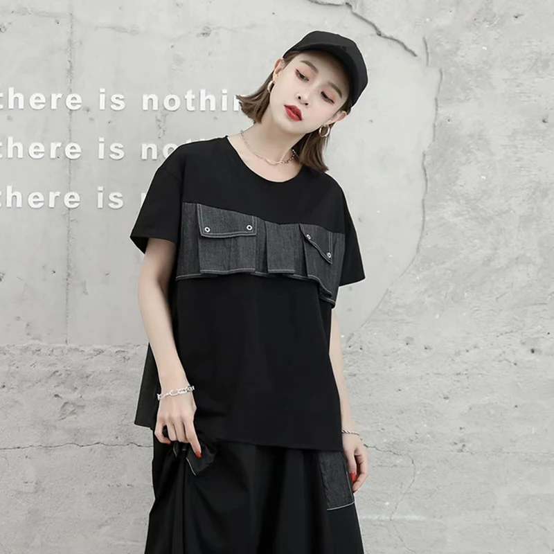 

Masss Wasss Summer 2021 New Design Streetwear Girls Vintage Cotton Tees Womens Black Denim Tshirt Female Casual Patchwork Tops