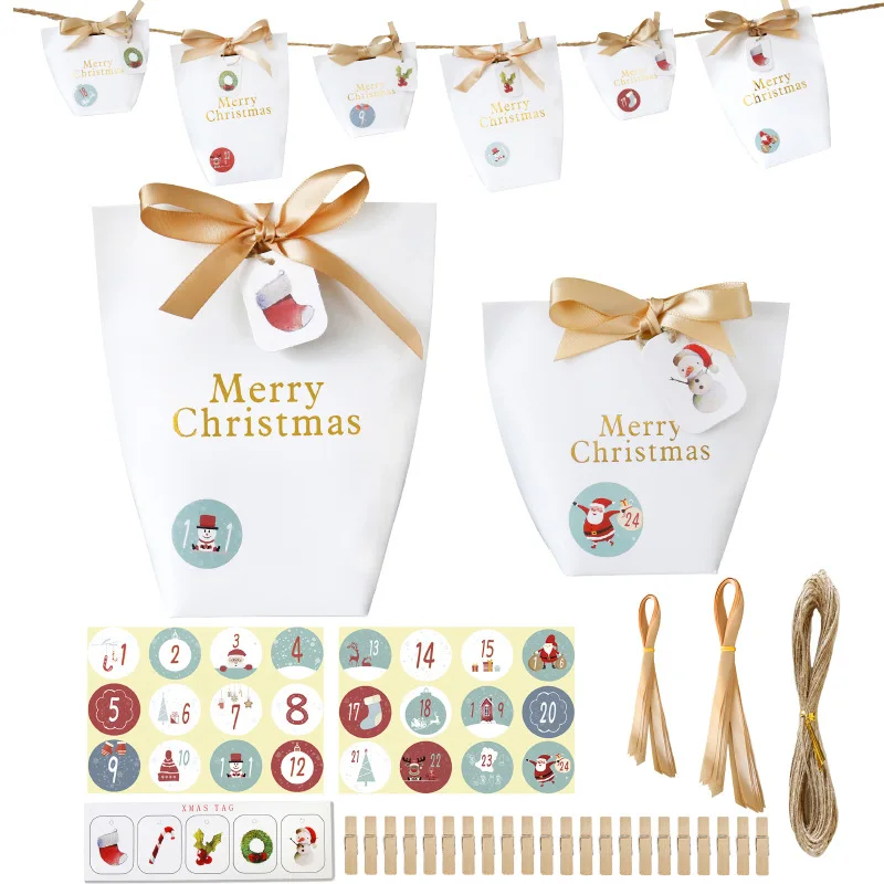 

24 Sets Christmas Gift Bags "Merry Christmas" Gift Boxes Creative Party Candy Boxes Include Stickers Tags Ribbon