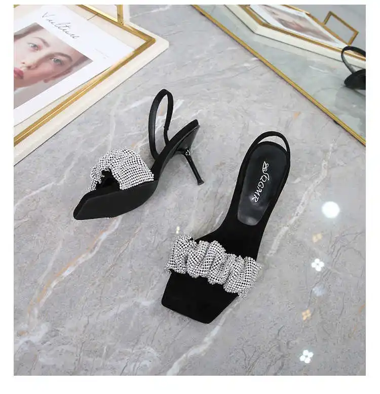 

One line high-heeled sandals women 2021 spring new square thin heeled high-heeled shoes with fairy diamond sandals