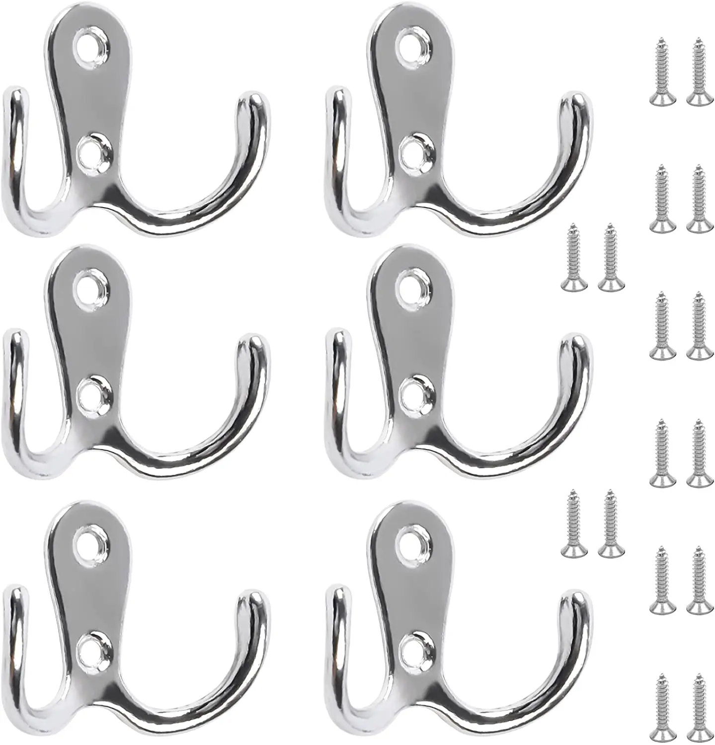 6 PCS Double Prong Robe Hooks Dual Coat Hooks Door Hooks with 16 PCS Screws Chrome Wall Mounted Hooks for Bedroom Bathroom