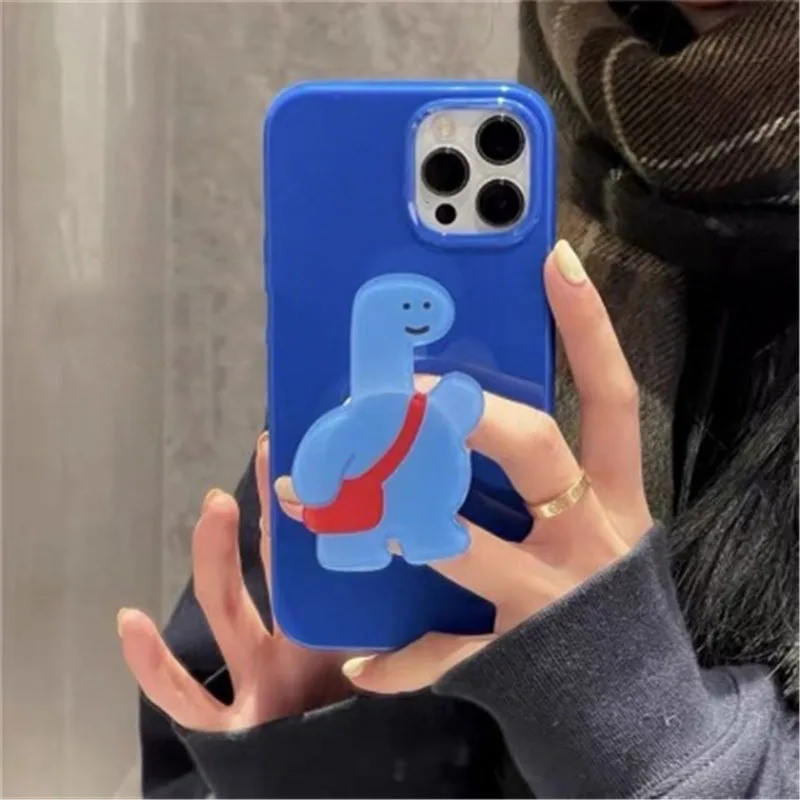 

Cute Dinosaur Bracket Phone Case on For IPhone 11 12 Pro Max 8 7 6 6s Plus Xr XsMax X Xs SE Blue Color Candy Soft Back Cover