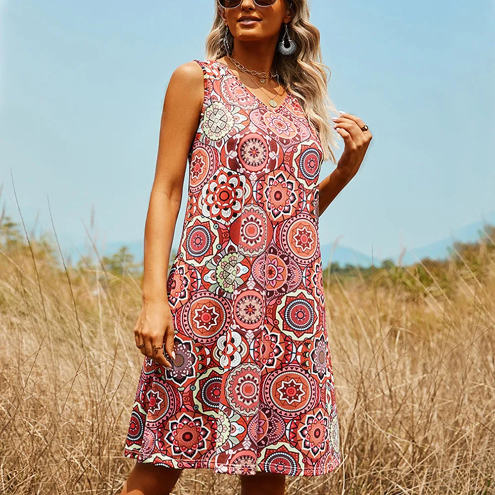 

New Women's Casual Temperament Sleeveless Printed Dress