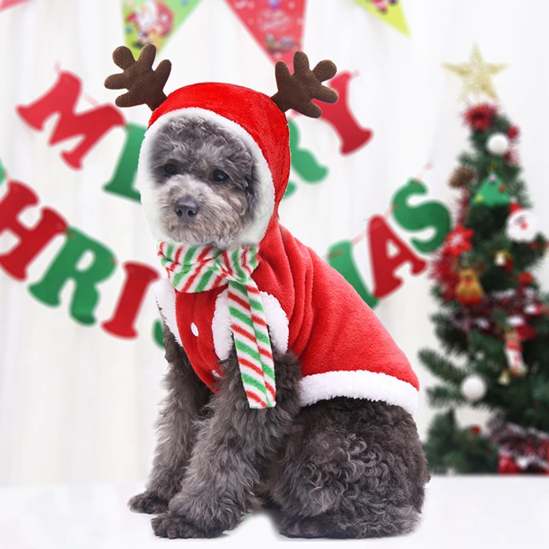 

Dog Christmas Costume Warm Pet Dog Cat Clothes Puppy Santa Red Scarf Hat Deer Head Cute Dogs Cloak Cats Costume Home Decor