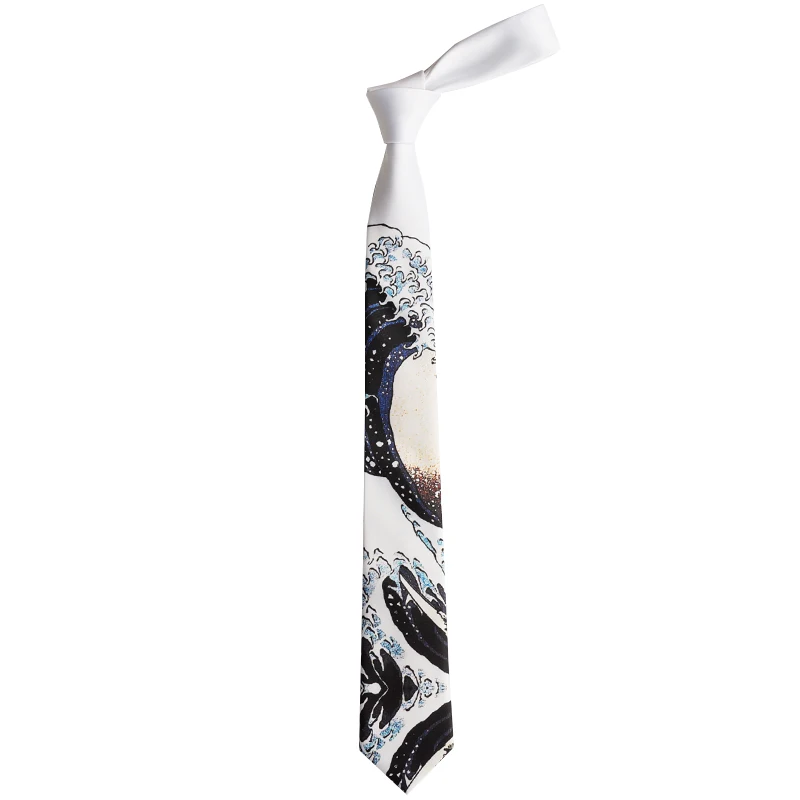 

Free shipping New Men's male female Original design White 6cm Kanagawa wave print tie students personality art Japanese style