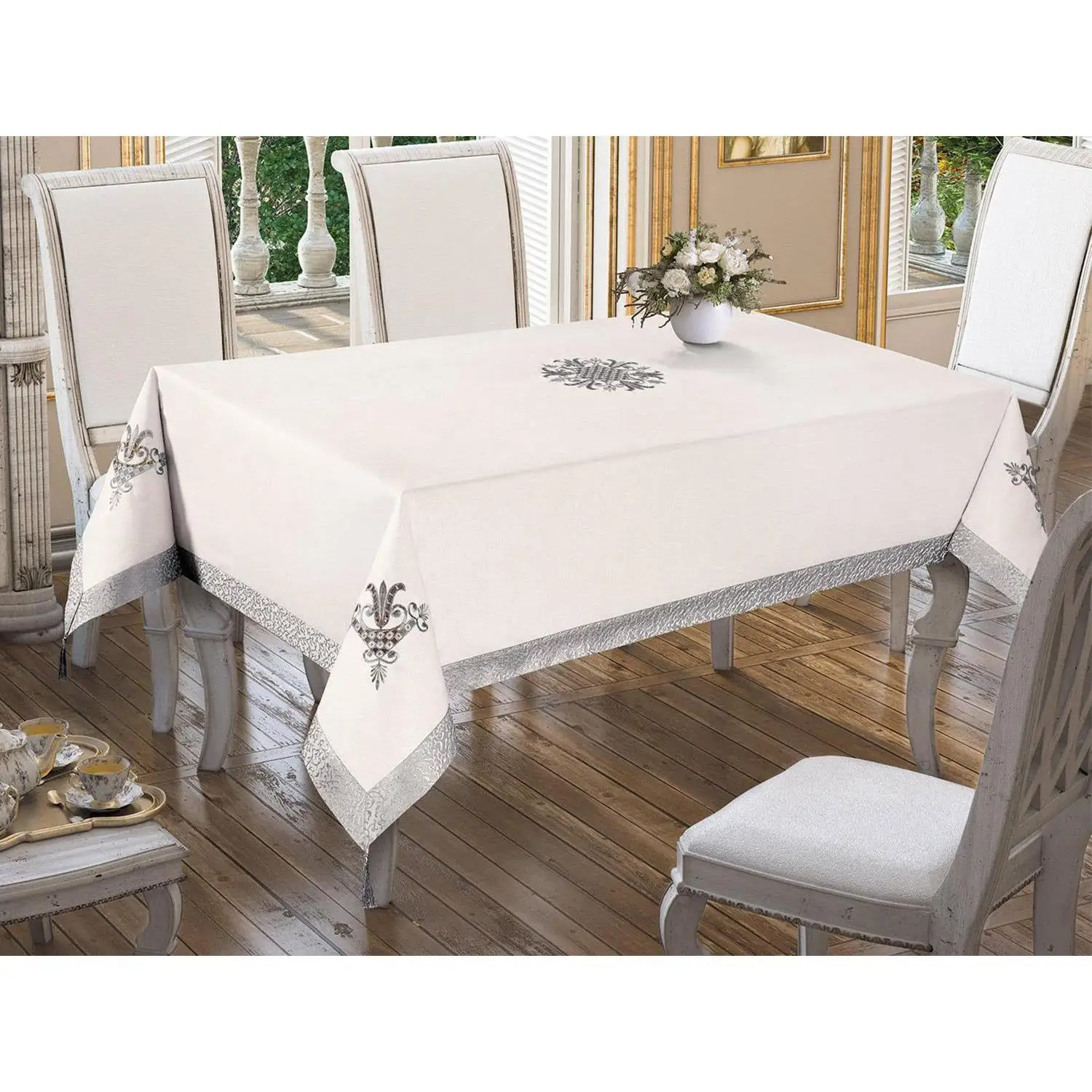 

Tulip Embroidered Table Cover Cream Gray