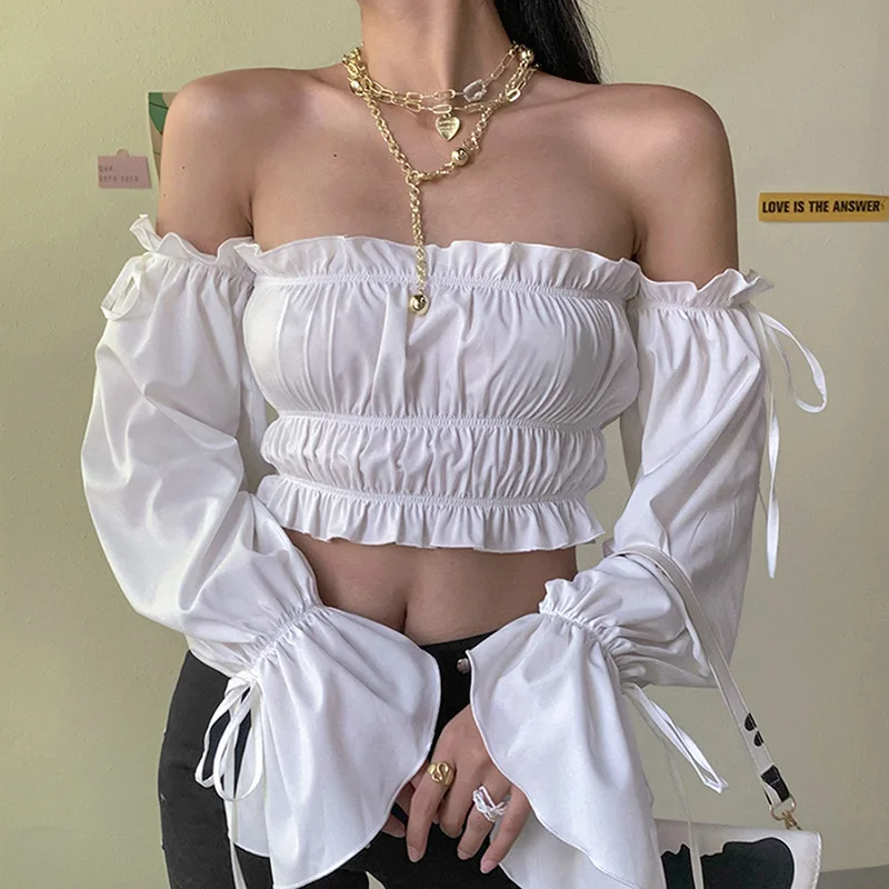 

2021 New Spring Club Sexy Backless Crop Tops Solid Fashion Blusas White Elegant Balloon Sleeve Women's Top Blouse Shirts Spring