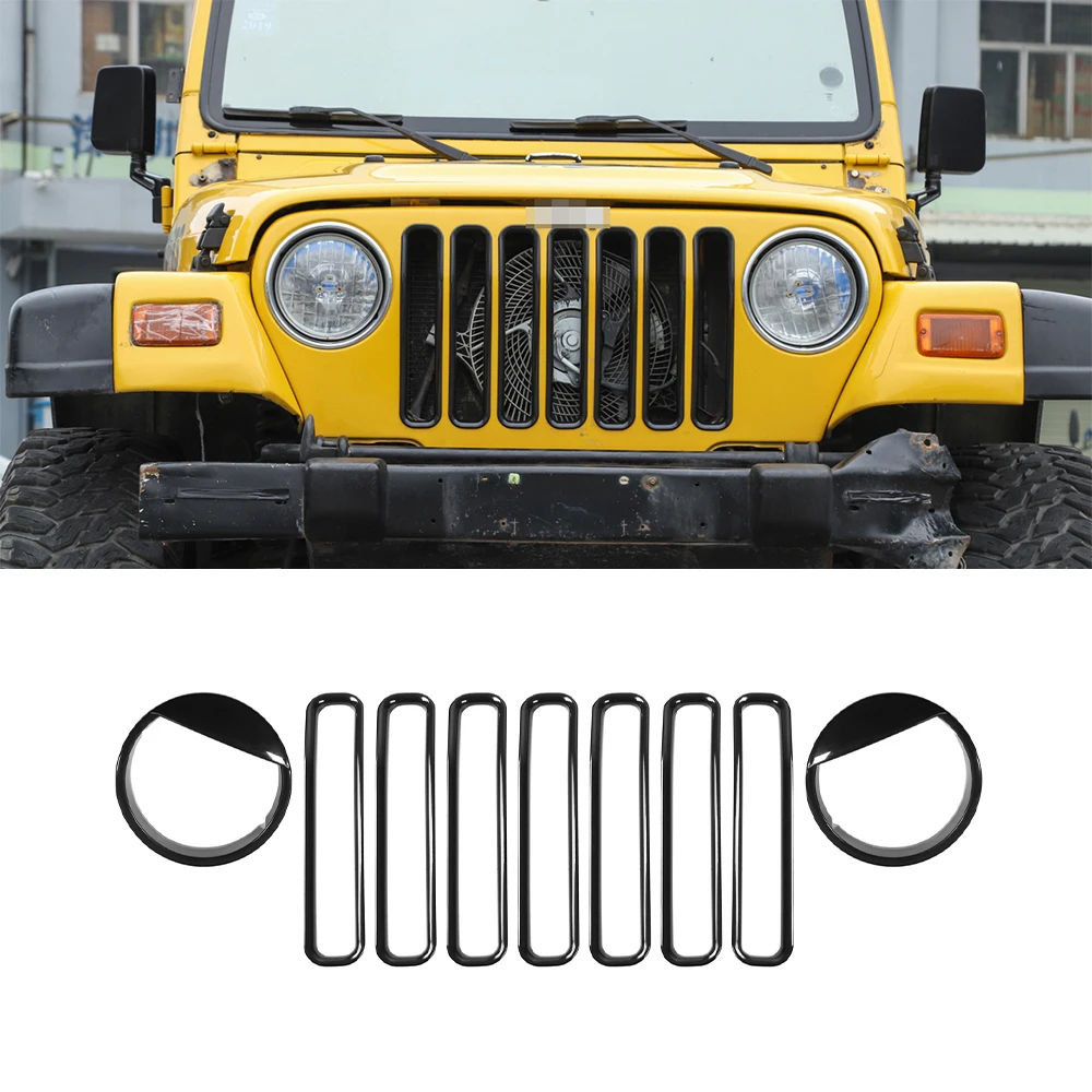 Jeep Wrangler TJ 1997-2006 için ön izgara eklemek ızgara kapağı Trim dekorasyon başkanı işık lambası davlumbaz araba harici şekillendirici ABS