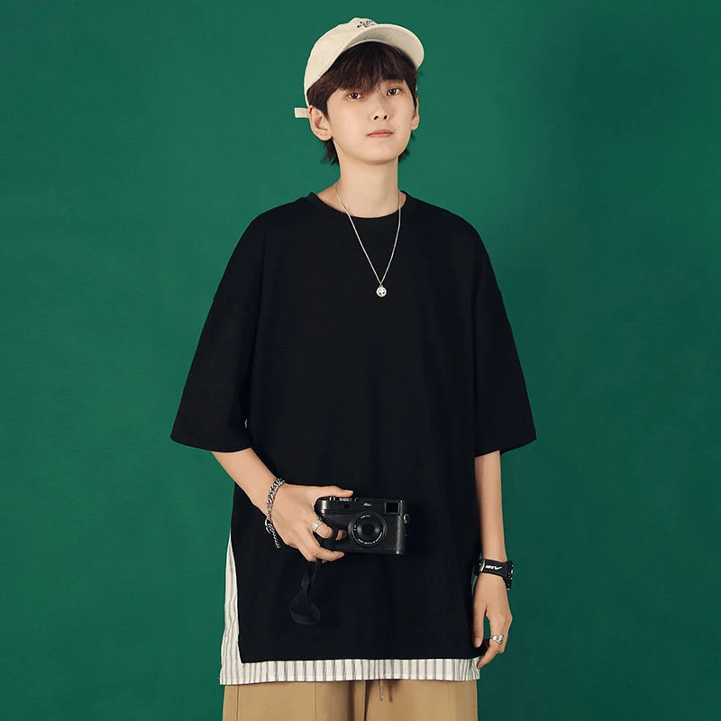 Футболка мужская оверсайз в полоску свободная рубашка с имитацией двух коротких