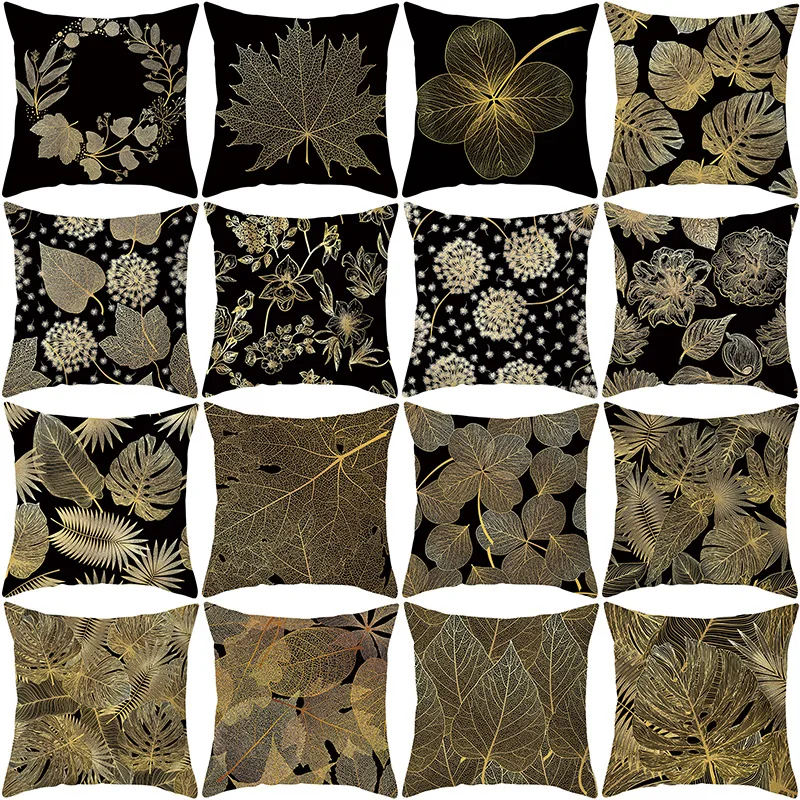 

45x45cm Household Black Gold Leaf Pillowcase Office Lumbar Cushion Cover Golden Painted Decorative Christmas Sofa Case Pillows
