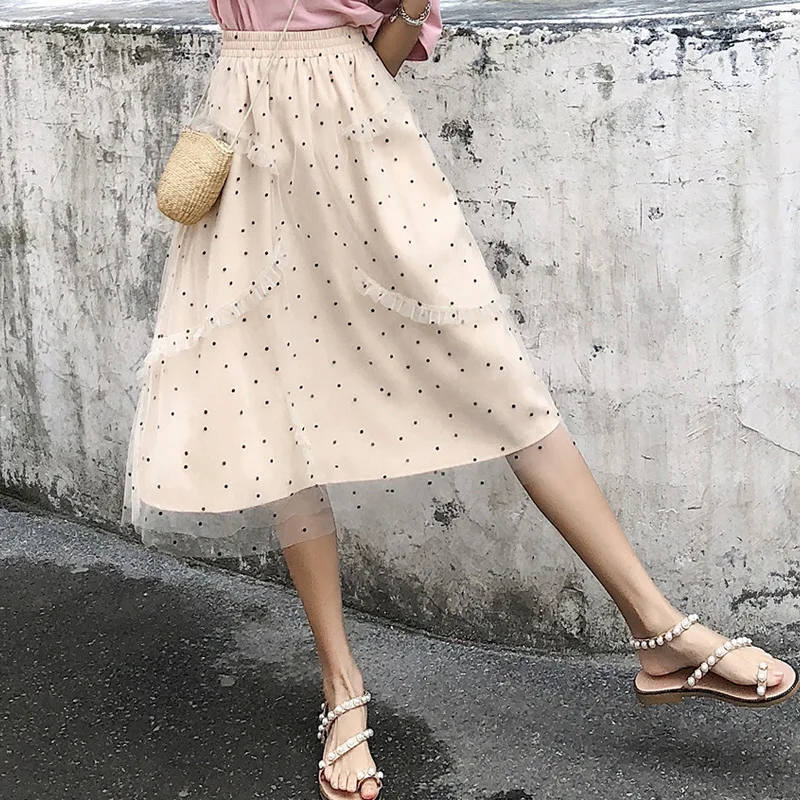 

MRMT 2021 Brand Summer New Women's Skirt Mesh Polka Dot Half-length for Female Pure Color Sweet Chiffon Lace Skirt