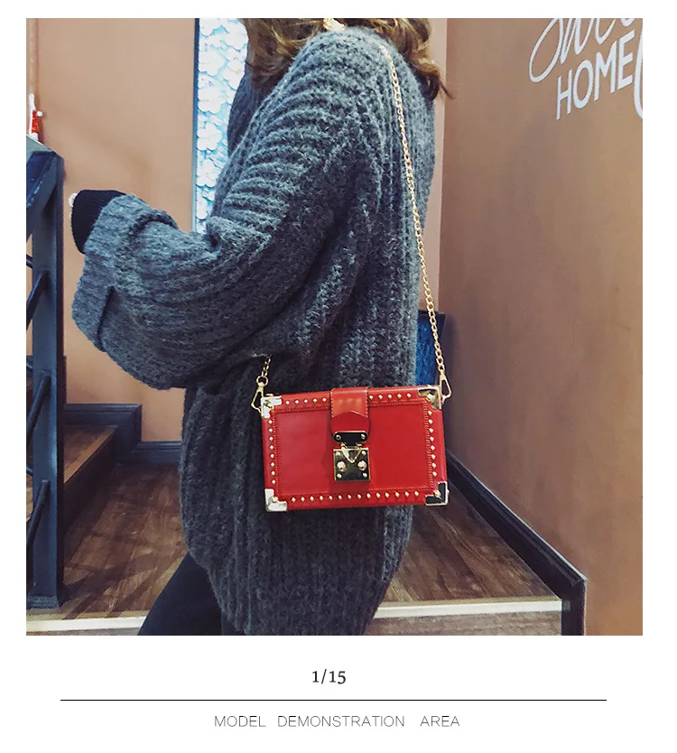 Fashion Vintage Rivet Designer Bag Box Style Buckle PU Women Clutch Bag Chain Purse Shoulder Bag Crossbody Small Flap Handbag