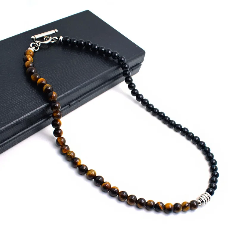 

Classic Handmade Natural Stone Beads Men Necklace Stainless Steel Charm Tiger Eye Map Stone Necklace Jewelry