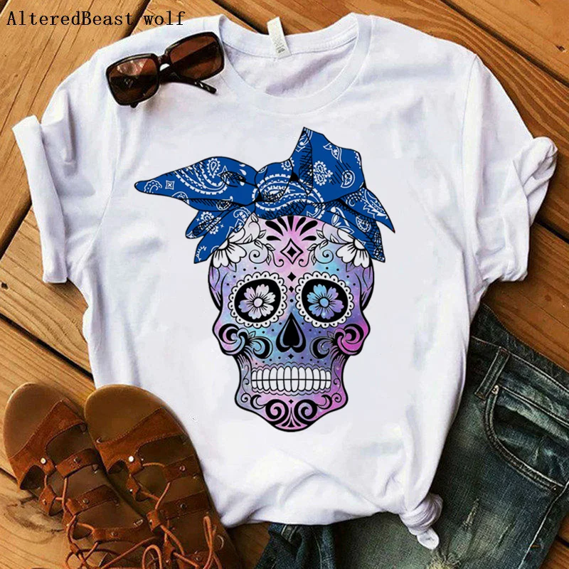 

Fashion T-shirt Women Harajuku Blue Bandana Sugar Skull Mom Clothing Summer Tshirt Female Mama O-neck Vogue Women T Shirt 2020