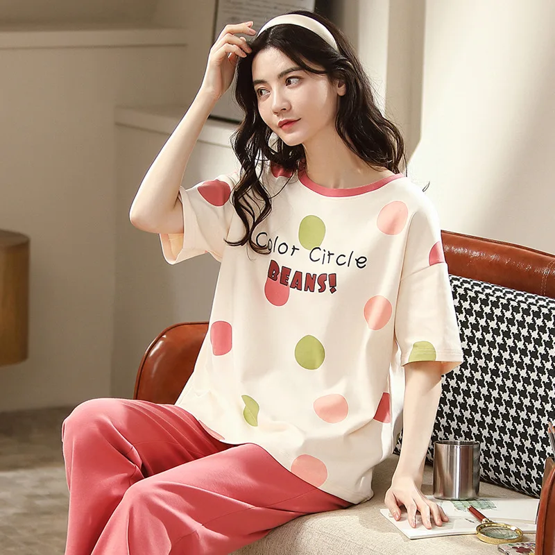 

Summer Cotton Beige Pajamas Set For Women Kawaii Color Circle Print Girls Sleepwear Casual O-Neck Short Sleeve Outdoor Homewear