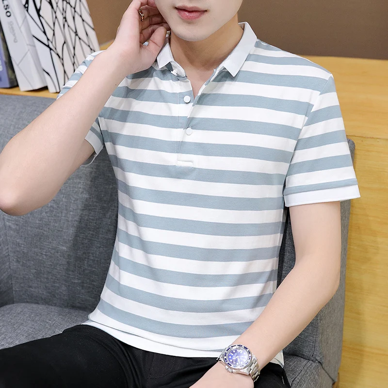 

BROWON Brand Striped Polo Shirt Men 2021 Summer Casual Short Sleeve Plus Size Clothes Turn-Down Collar Korean Fashion Clothing