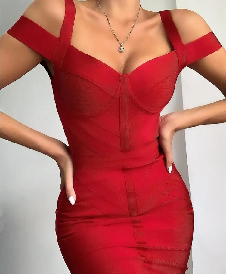 

New Spaghetti Straps Slash Neck Celebrity Bandage Dress Red Strecth Evening Party Dress Fashion Vestidos Ladies Clothes SO-4