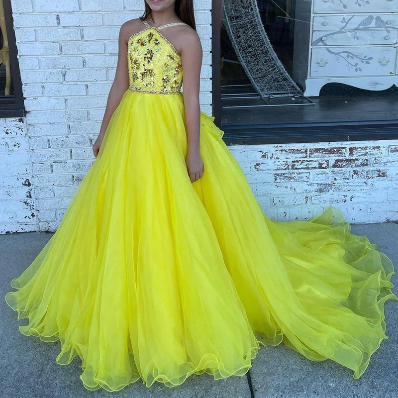 

Yellow Halter Flower Girls Dresses A Line Ruffles Organza Infant Toddlers Pageant Gown Bead Kid Prom Party Wear