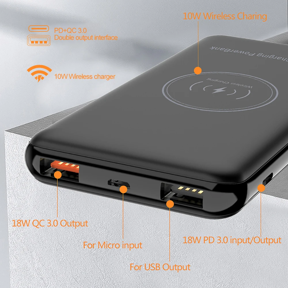 Портативное зарядное устройство 10000 мАч, 18 Вт, быстрая зарядка QC3.0, PD3.0, 10 Вт, Qi, беспроводное зарядное устройство, внешний аккумулятор для быстрой зарядки