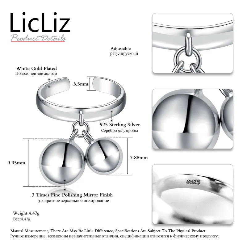 Double Balls LicLiz, 925 пробы, серебряные, открытые, регулируемые, каффы, кольца для женщин, Круглый Круг, кольцо, ювелирное изделие, Anillos Plata 925 Para Mujer LR0323 - Цвет камня: Double Balls