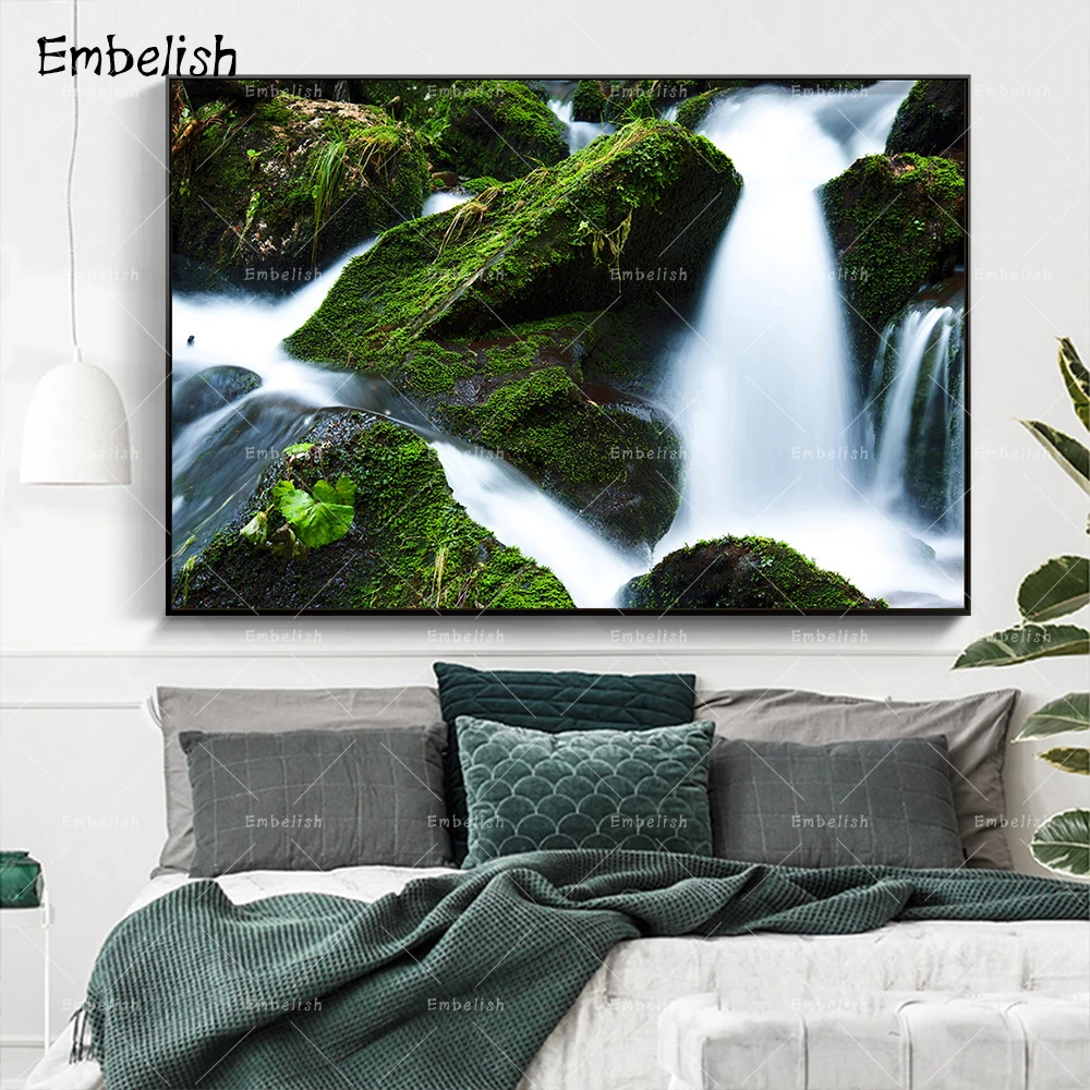 

Embelish 1 Pieces Green Stones And Waterfall Landscape Wall Art Posters For Living Room HD Canvas Paintings Home Decor Pictures