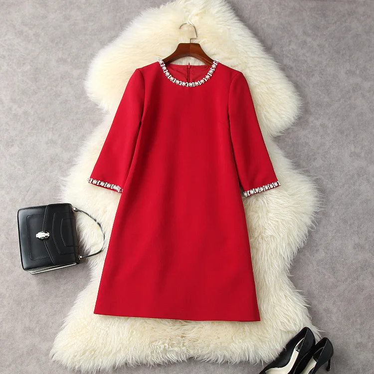 

European and American women's wear spring 2022 new Seven points sleeve heavy nail bead Fashionable red dress