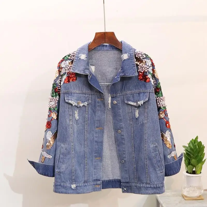Korean Beading Sequin Denim Jacket Coat Women Outwear Spring Autumn Jeans Loose Basic Vintage Jackets | Женская одежда