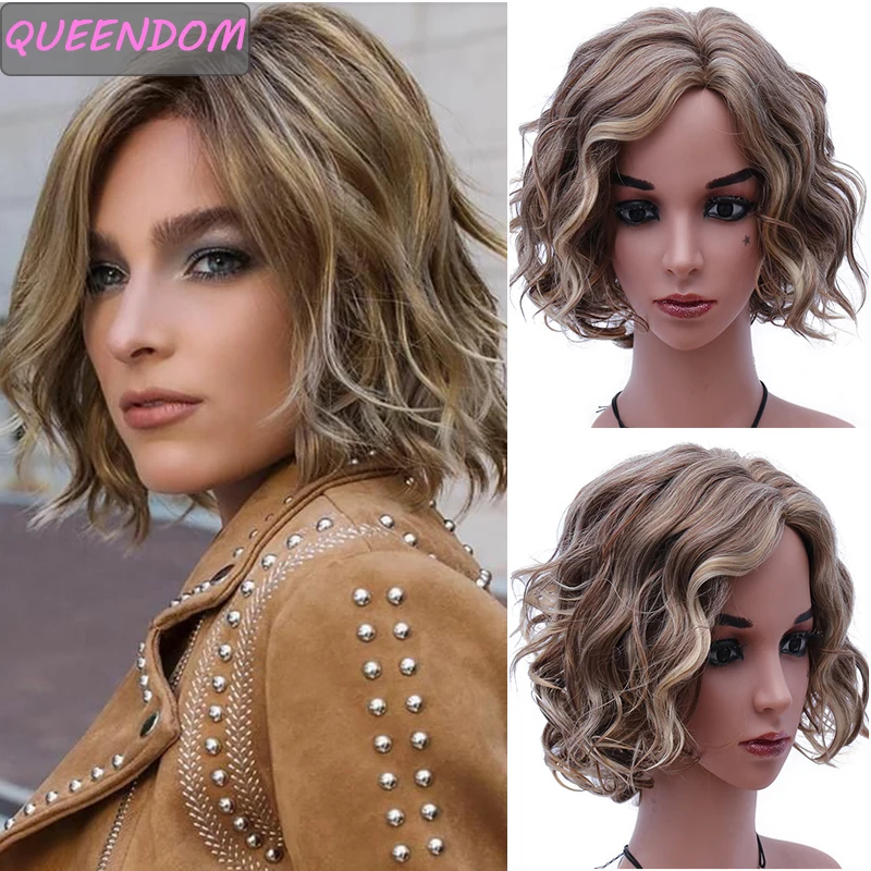 

Ombre 613 Blonde Short Wavy Bob Wigs Highlight Blunt Cut Wig Synthetic Heat Resistant Side Part Cosplay Fake Hair Wig for Women