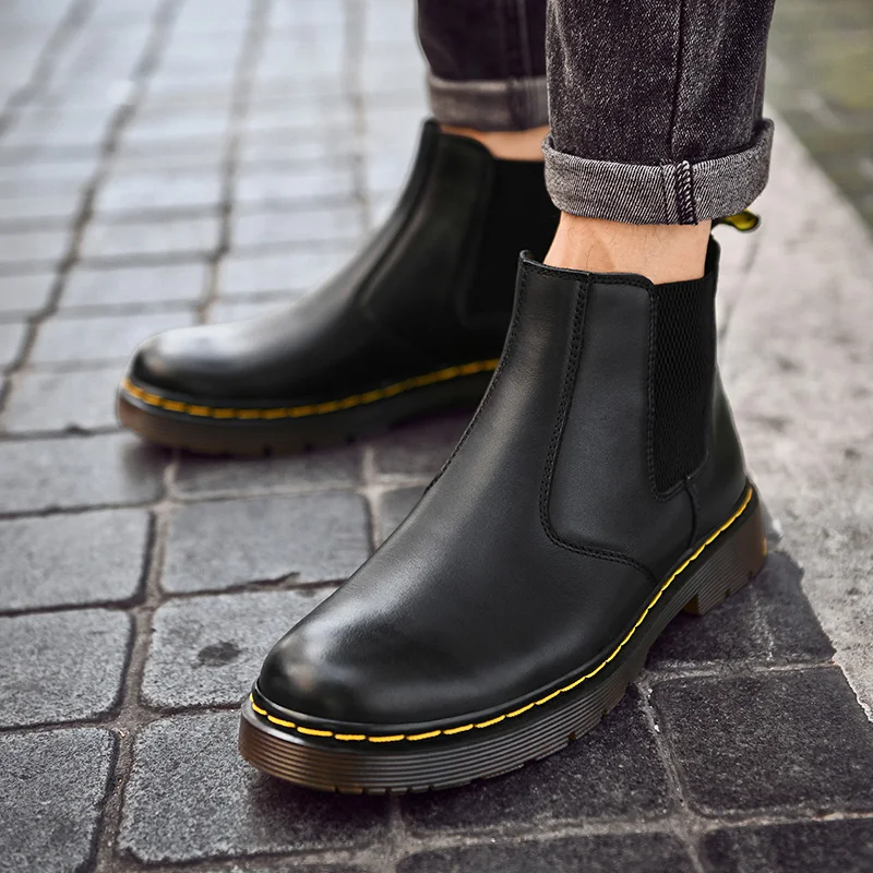 Мужские ботинки челси из натуральной кожи Высокие модные теплые зимние Мотоботы