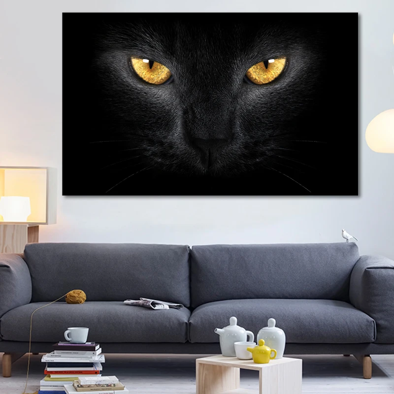 Настенная Картина на холсте для дома офиса гостиницы черное 3D лицо кошки с