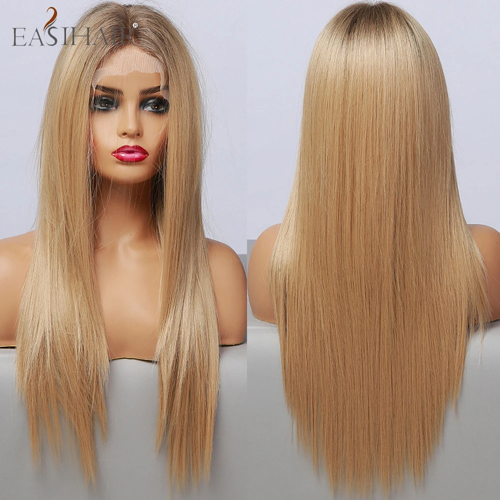 

EASIHAIR Synthetic Long Silky Straight Lace Front Wigs for Women Light Brown Blonde Cosplay Wigs High Density Heat Resistant