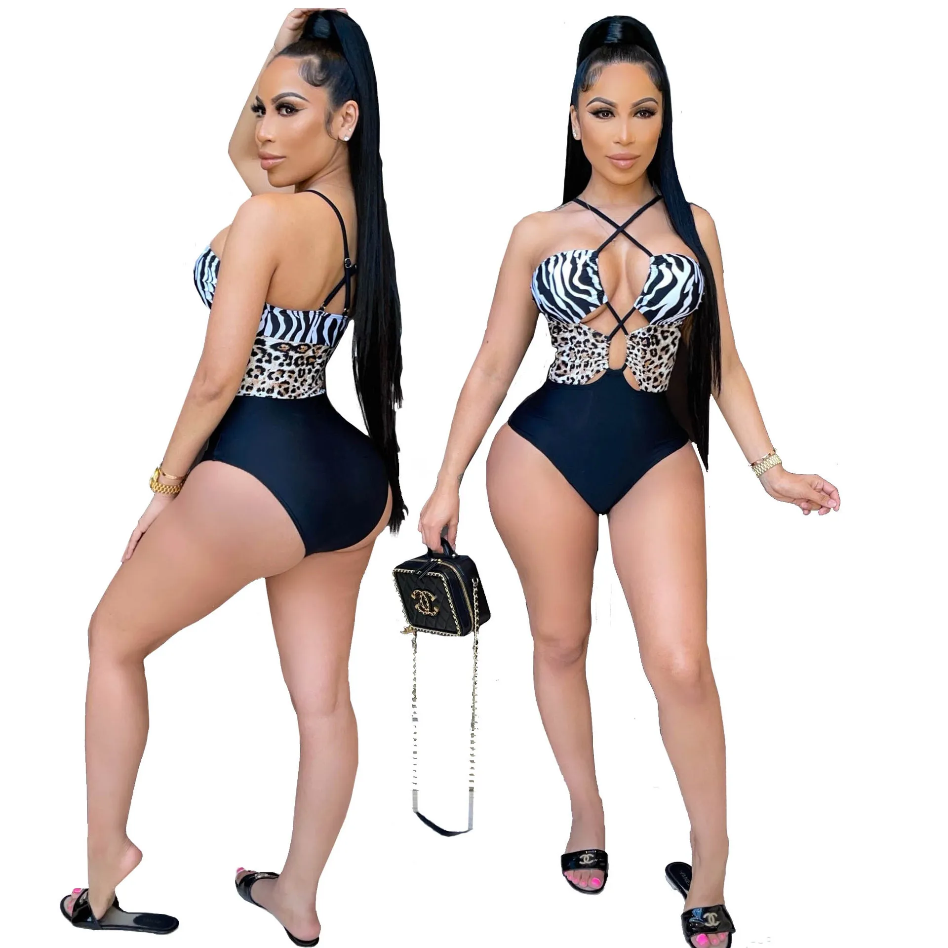

Women Leopard Patchwork Bandage Halter Backless Sheath Elastic Bodysuits Sexy Swimsuit Summer Beachwear