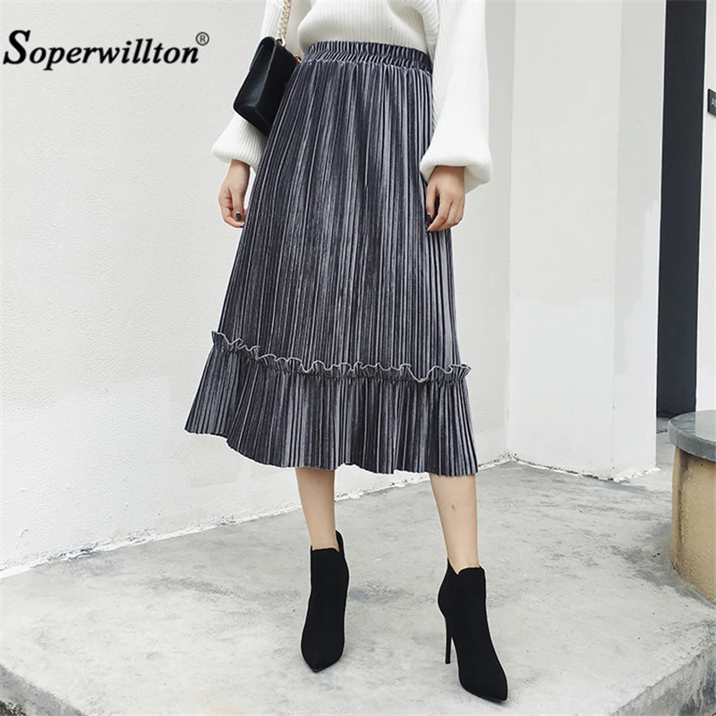 Новинка 2018 осенне зимняя женская плиссированная юбка с высокой талией длинная