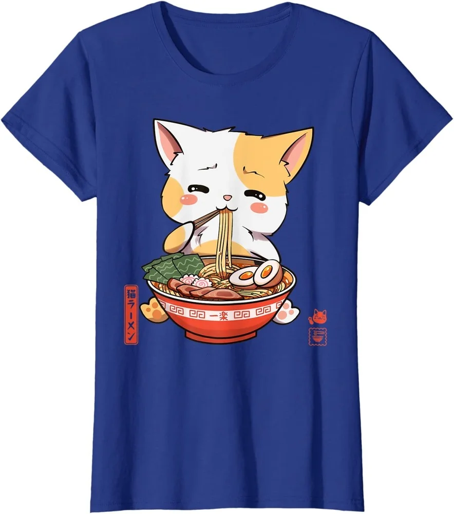 

2021 T Shirt Women Kawaii Summer Tops T-shirt Graphic Tees Fashion Te Neko Ramen Cute Cat Japanese Noodle Funny Anime T-Shirt