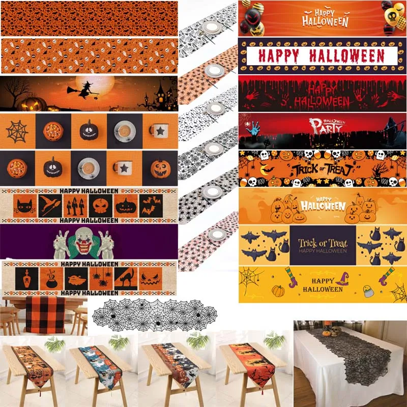 

Table Runner Halloween Party Spider Web Cartoon Printed Cotton Polyester Pumpkin Bat Watch Ghost Orange Scary Tablecloth Holiday