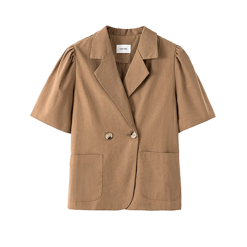 

Fitaylor New Summer Office Lady Loose Double Breasted Cotton Linen Outwear Women Vintage Suit Collar Puff Sleeve Short Blazers