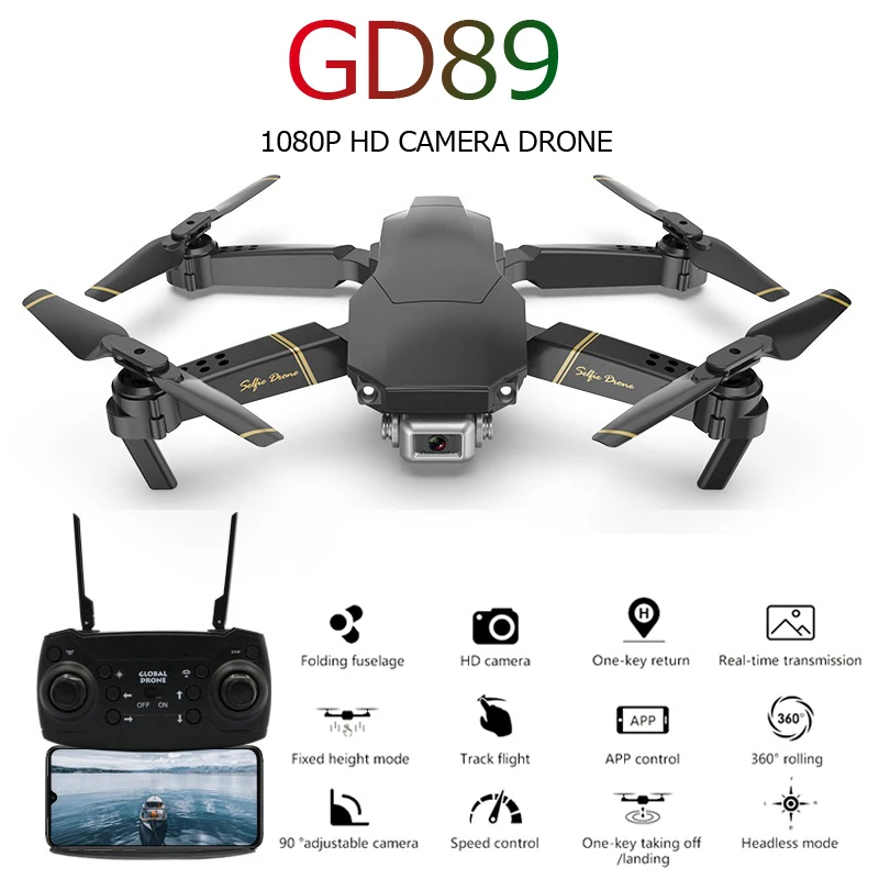 Складной Дрон GD89 с камерой HD 1080P Радиоуправляемый квадрокоптер Wi Fi FPV GPS вертолет