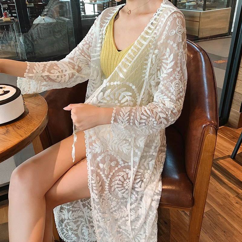 Летние женские длинные кружевные топы верхняя одежда женское праздничное