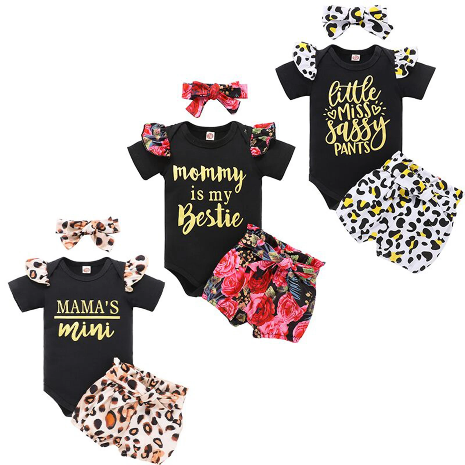 

Комплект одежды для маленьких девочек 0-24 месяцев, комбинезон с коротким рукавом и круглым вырезом + шорты с леопардовым/цветочным принтом + ...