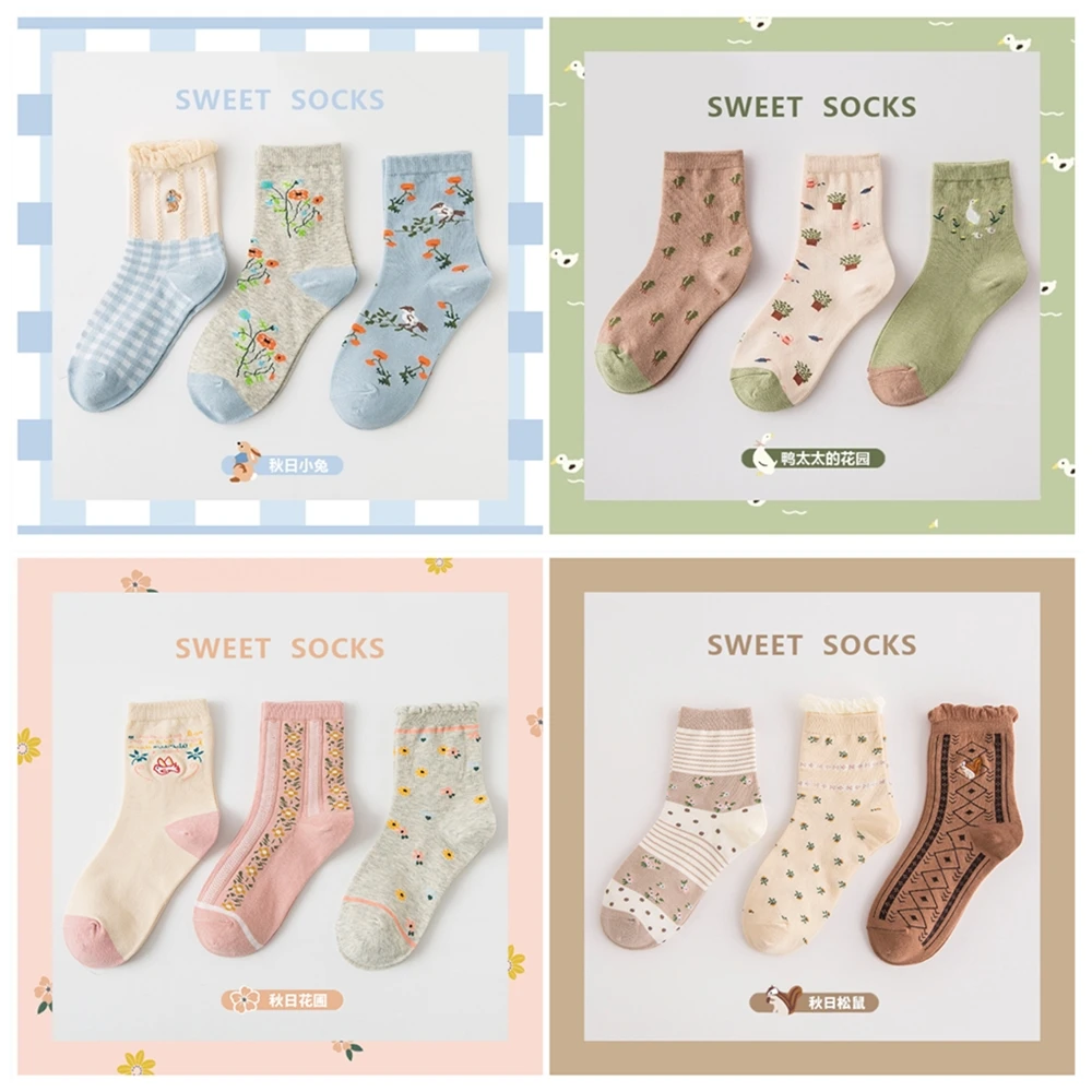 

3 Pairs/set Women's Socks Cotton Cute Embroidery Design Gift High Quality Lolita Kawaii Girl's Ankle Crew Ruffles Sock Set