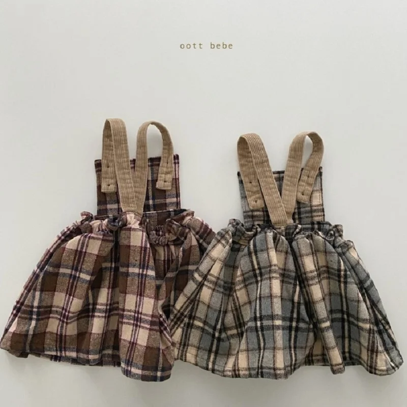 

Autumn 2021 New Girls with Straps Foreign Style Plaid Baby Girl Overalls Dress Retro Suspenders Skirt